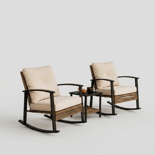 Wicker Rocking Chair Set with 2-Tier Table