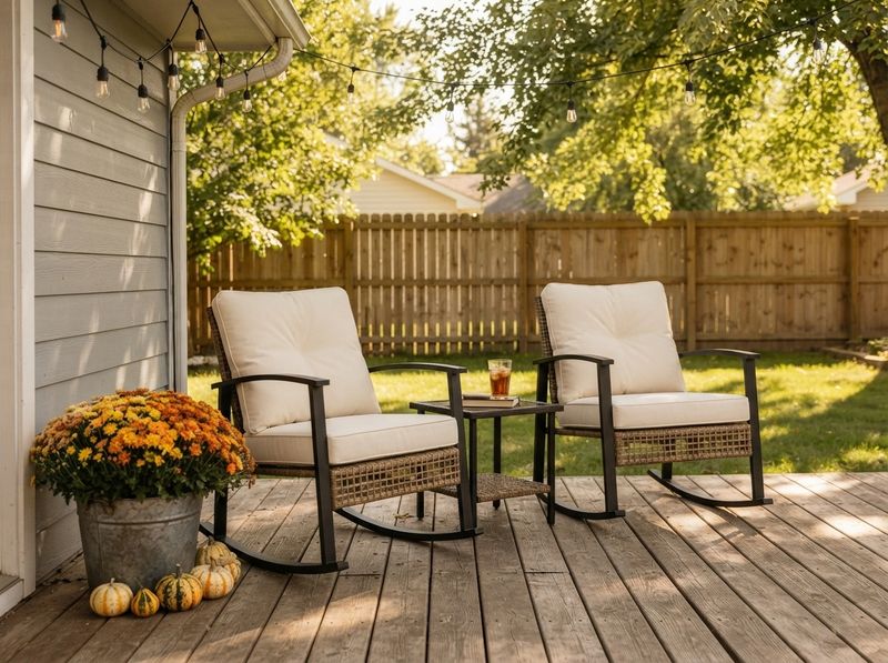 Wicker rocking chairs with thick cushions and a 2-tier table on a porch