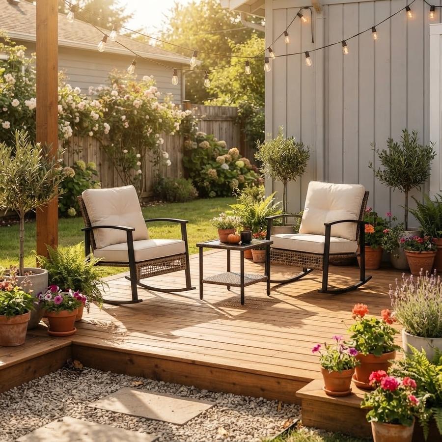Wicker Rocking Chair Set with 2-Tier Table in a backyard setting