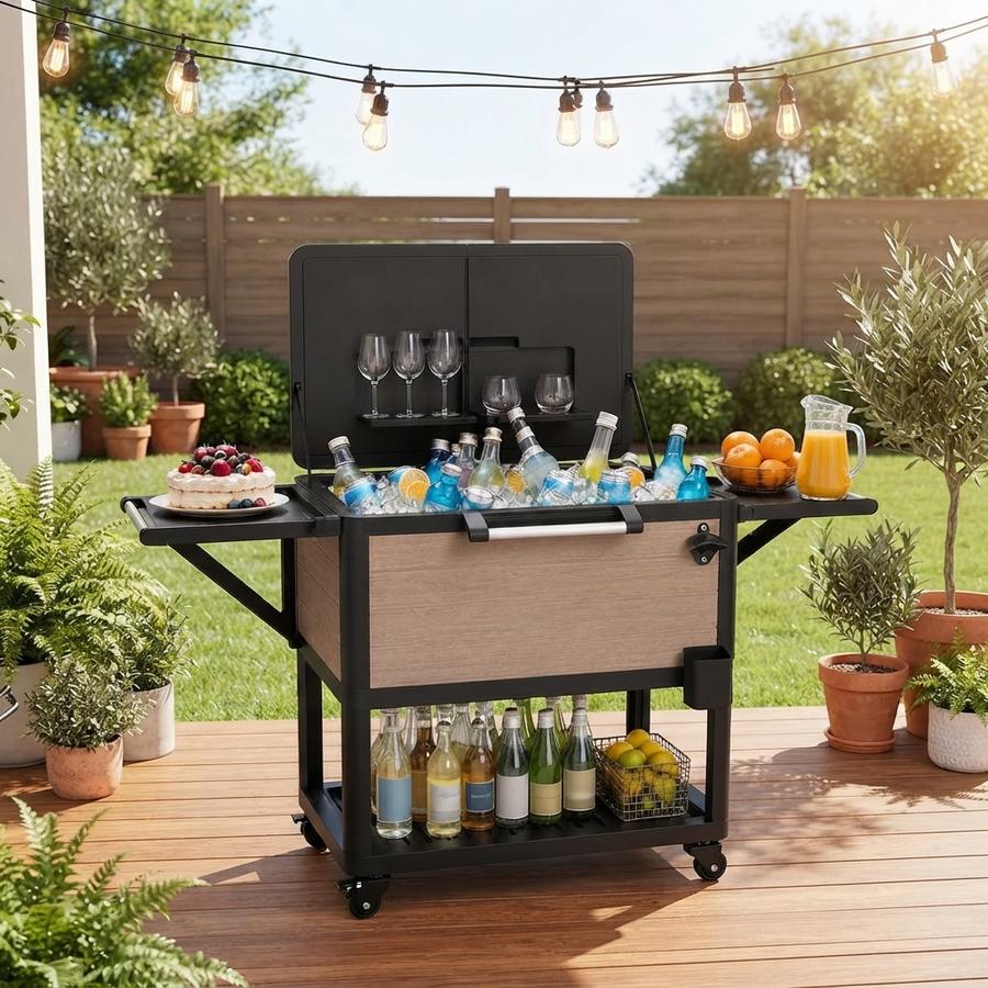 104-Quart Rolling Cooler Cart in a backyard setting