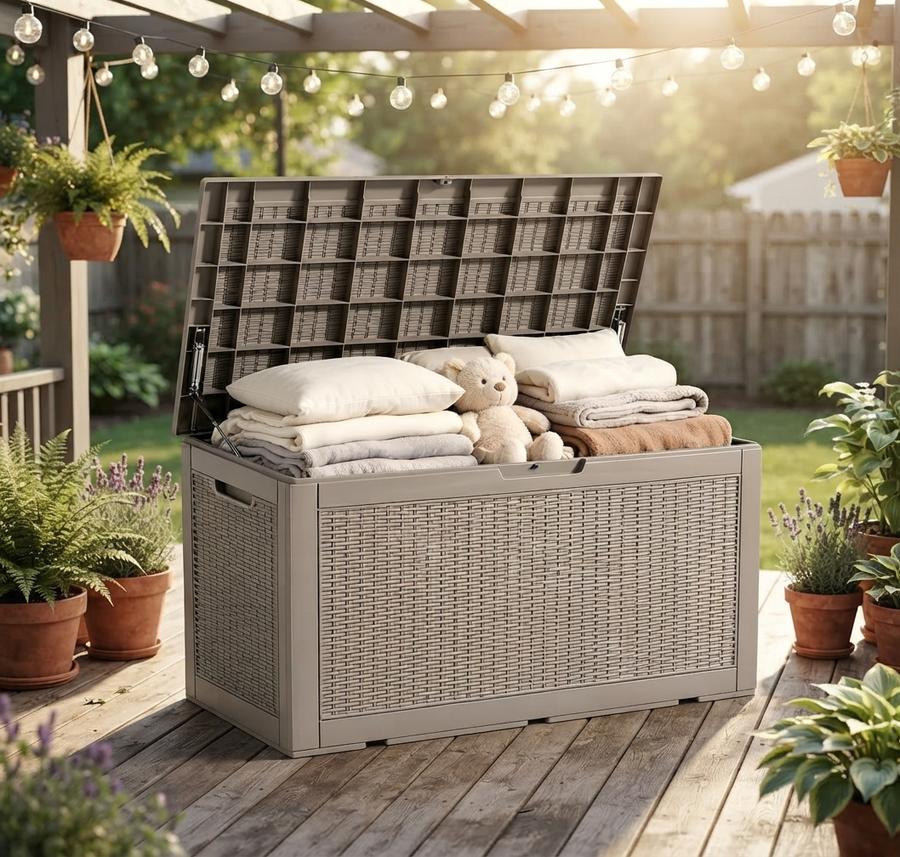 126-Gallon Wicker-Look Resin Deck Box in a backyard setting